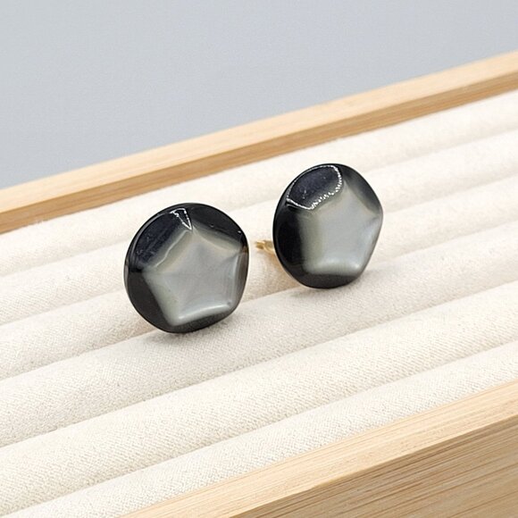 Richelieu Black Silver Star Moon Stone Clip On Earrings Gold Tone Back Vintage - Picture 3 of 8